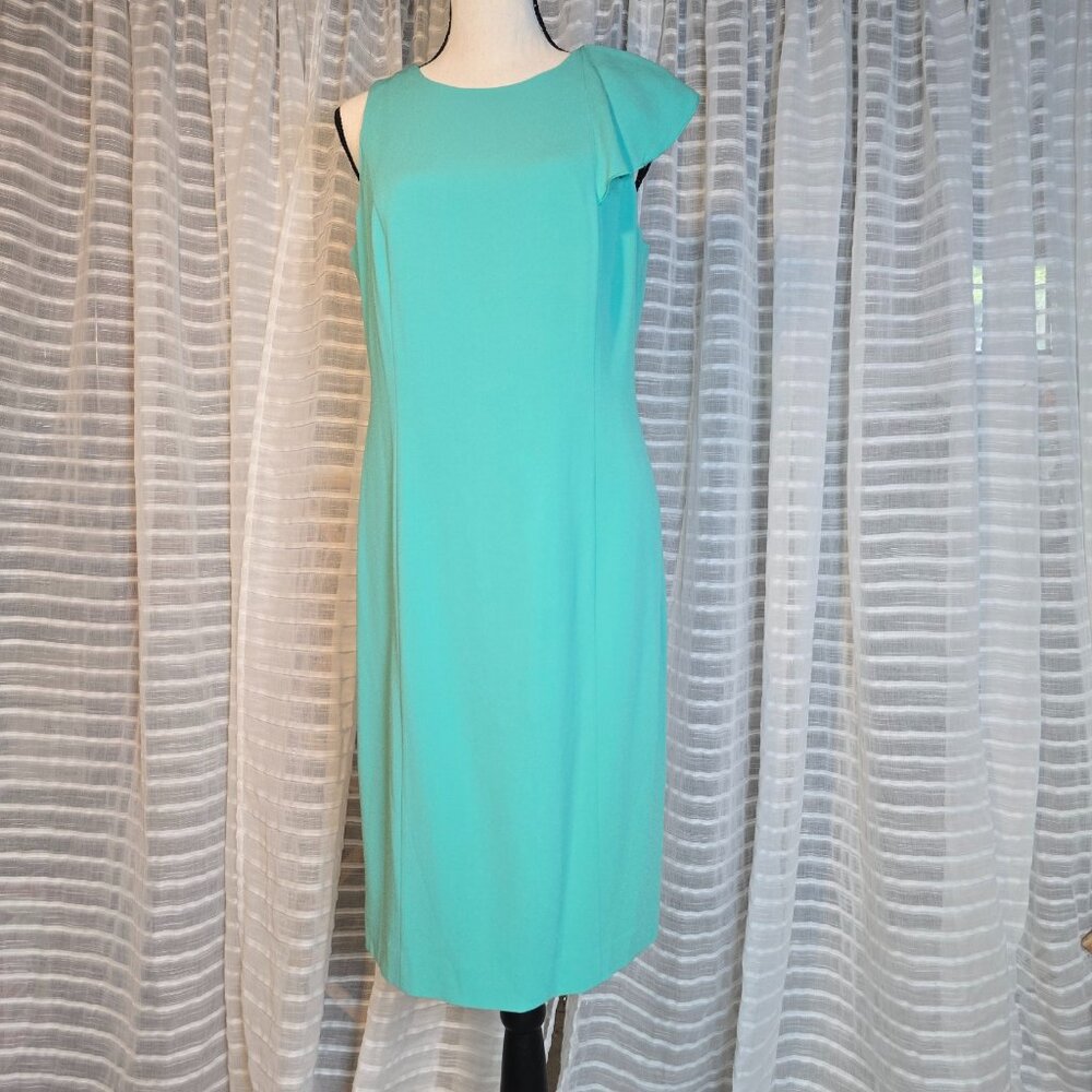 NWT Ann Taylor Seafoam Green Crepe Shoulder Ruffle Sheath Dress Size 6